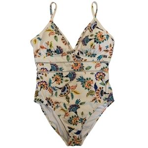 Kona Sol Triangle Cup One Piece White Floral Swimsuit - Sz L